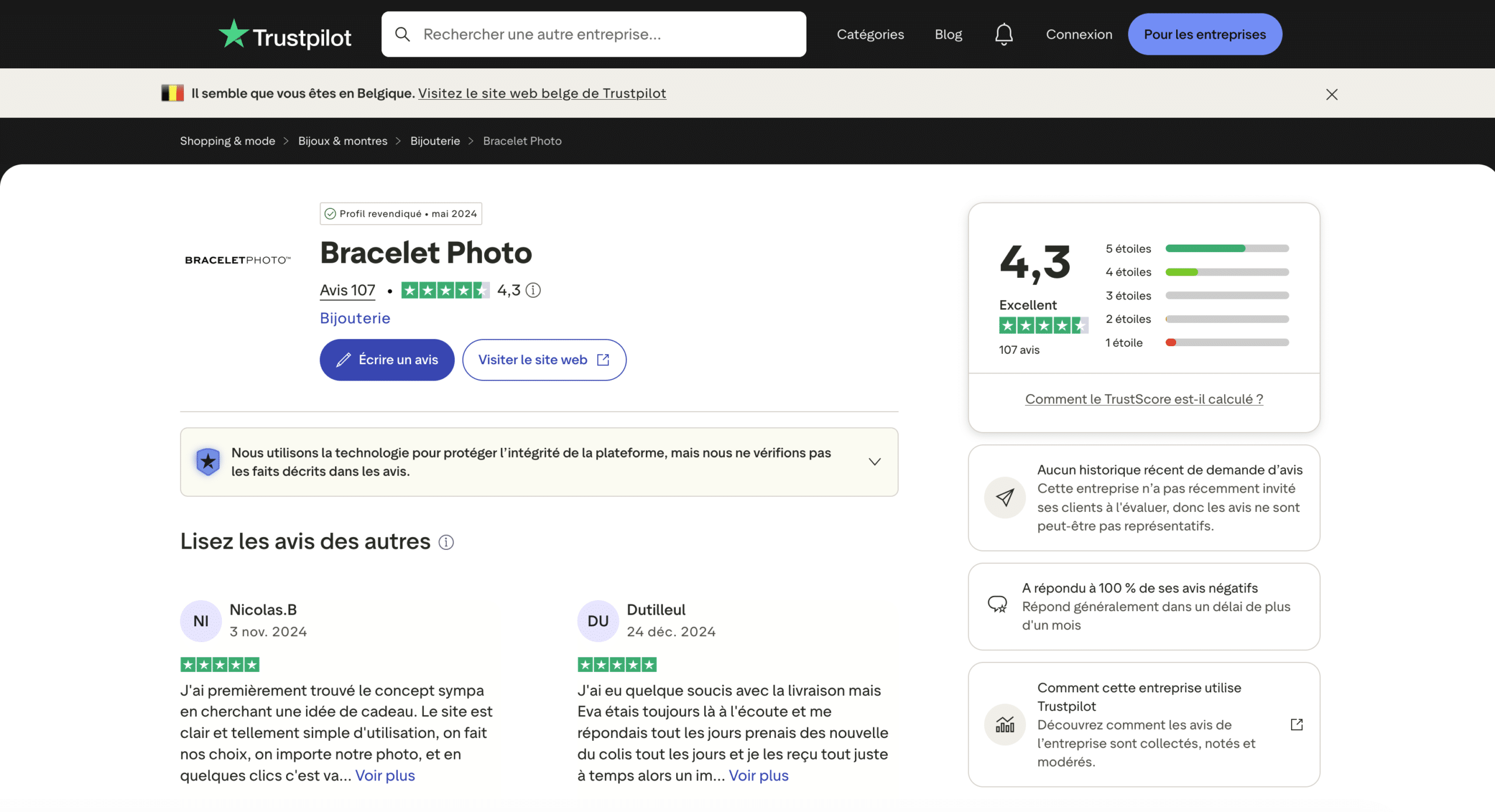 Avis Trustpilot BraceletPhoto.fr, idée de cadeau personnalisé Noël 2026, notée 4,3/5 sur 107 avis clients.